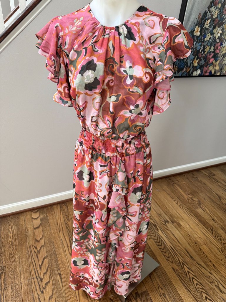Misa Los Angeles Dalita Floral Ruffle Midi Dress Pink Size Small
